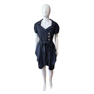 Helene Berman London Dress M Navy Wrap Style Gold Buttons Belted